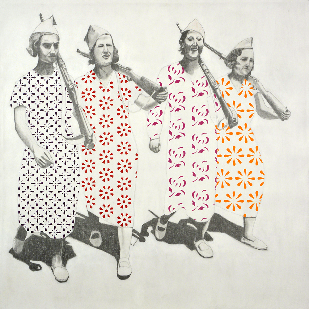 Four woman in dresses carrying rifles over shoulder