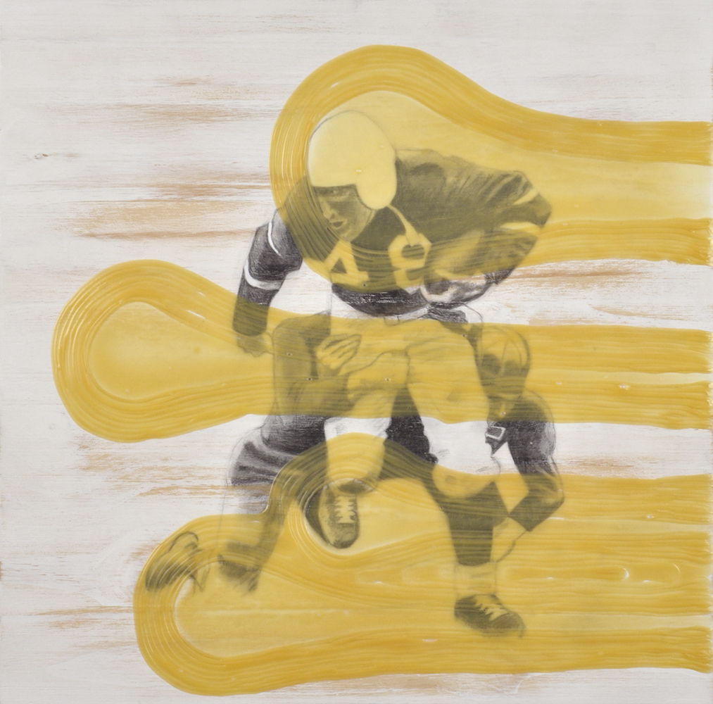 Pencil, latex paint and glue on wood, 18" x18" (2014)